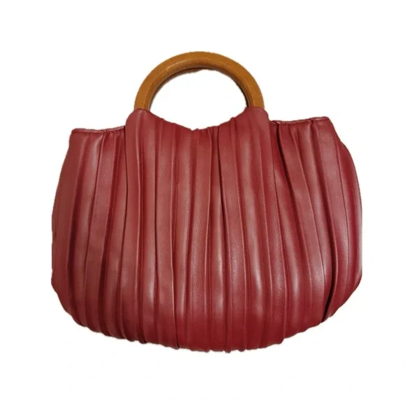 Melie Bianco Pleated Crossbody Bag With Wooden Handles in Burgundy - Picture 1 of 8